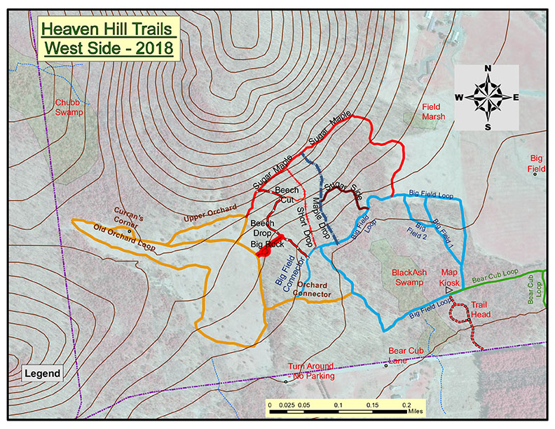 Adirondack Nature Trails: Heaven Hill West Trail Map. Map provided by Henry II and Mildred A. Uihlein Foundation, 302 Bear Cub Lane, Lake Placid, NY 12946. Used by permission.