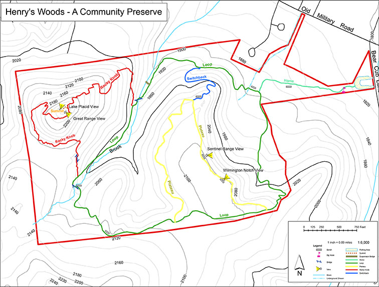 Adirondack Nature Trails: Henry's Woods Trail Map. Map provided by Henry II and Mildred A. Uihlein Foundation, 302 Bear Cub Lane, Lake Placid, NY 12946. Used by permission.