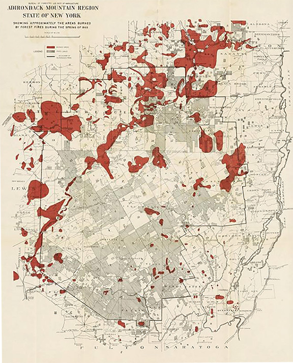Map of the 1903 Adirondack fires. Herman Suter. Forest Fires in the Adirondacks, 1904.