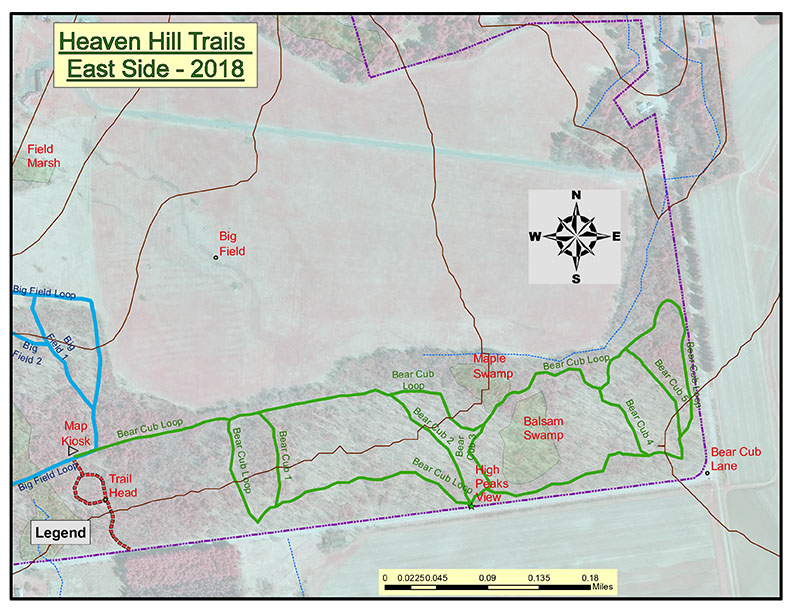 Adirondack Nature Trails: Heaven Hill EastTrail Map. Map provided by Henry II and Mildred A. Uihlein Foundation, 302 Bear Cub Lane, Lake Placid, NY 12946. Used by permission.